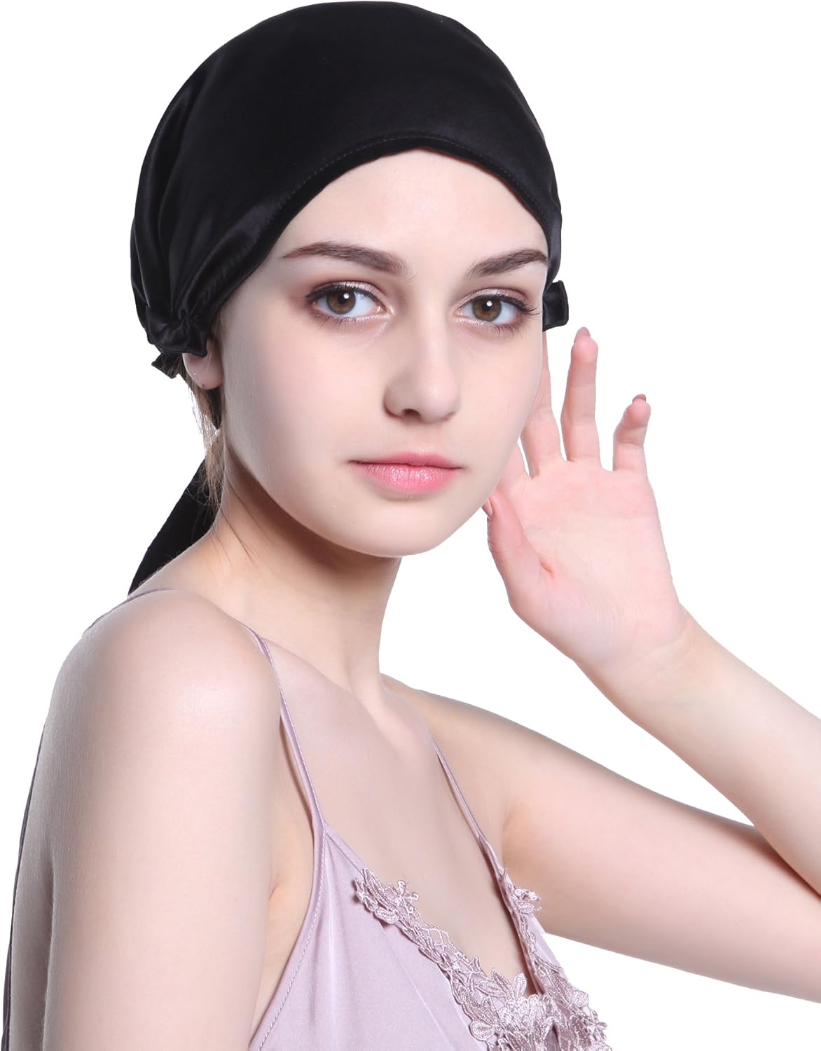 Silk Night Sleep Cap Sleeping Beanie Hat Cap Black at Amazon Women’s