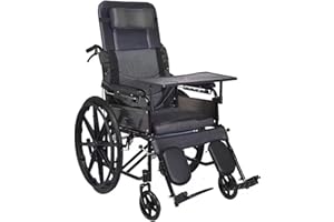 Full Reclining Commode Wheelchair High Back Manual Wheelchair W/Headrest & Dining Table Folding Bathroom Shower Chair Mobilit