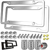 Stainless Steel License Plate Frames- 2 Pack Mirror Polished Car Plate Holder, with Screws, Chrome Caps, Heavy Duty Rustproof Metal Front Rear Car Tag Frame