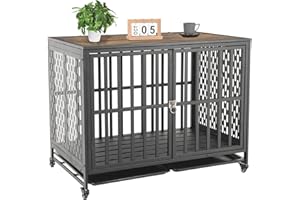 AGESISI 42 Inch Dog Crate Furniture Heavy Duty Dog Crate for Medium and Large Dogs, Indestructible Dog Kennel with 2 Removable Tray, XL Wooden Dog Cage Indoor with 4 Lockable Wheels, Black