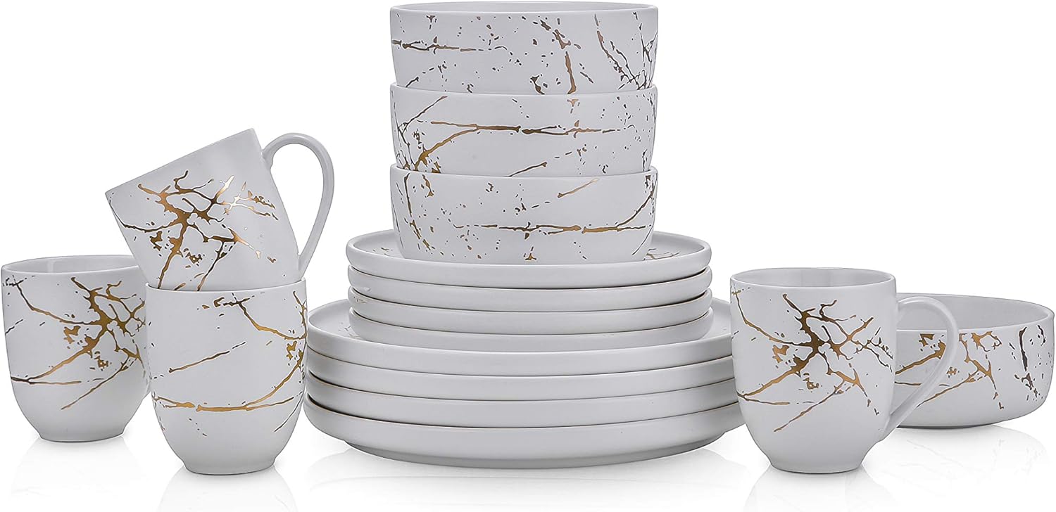  | Stone Lain Modern Gold Splash Exquisite Fine China Dinnerware Set, 16 Piece - Service for 4, White & Gold: Dinnerware Sets