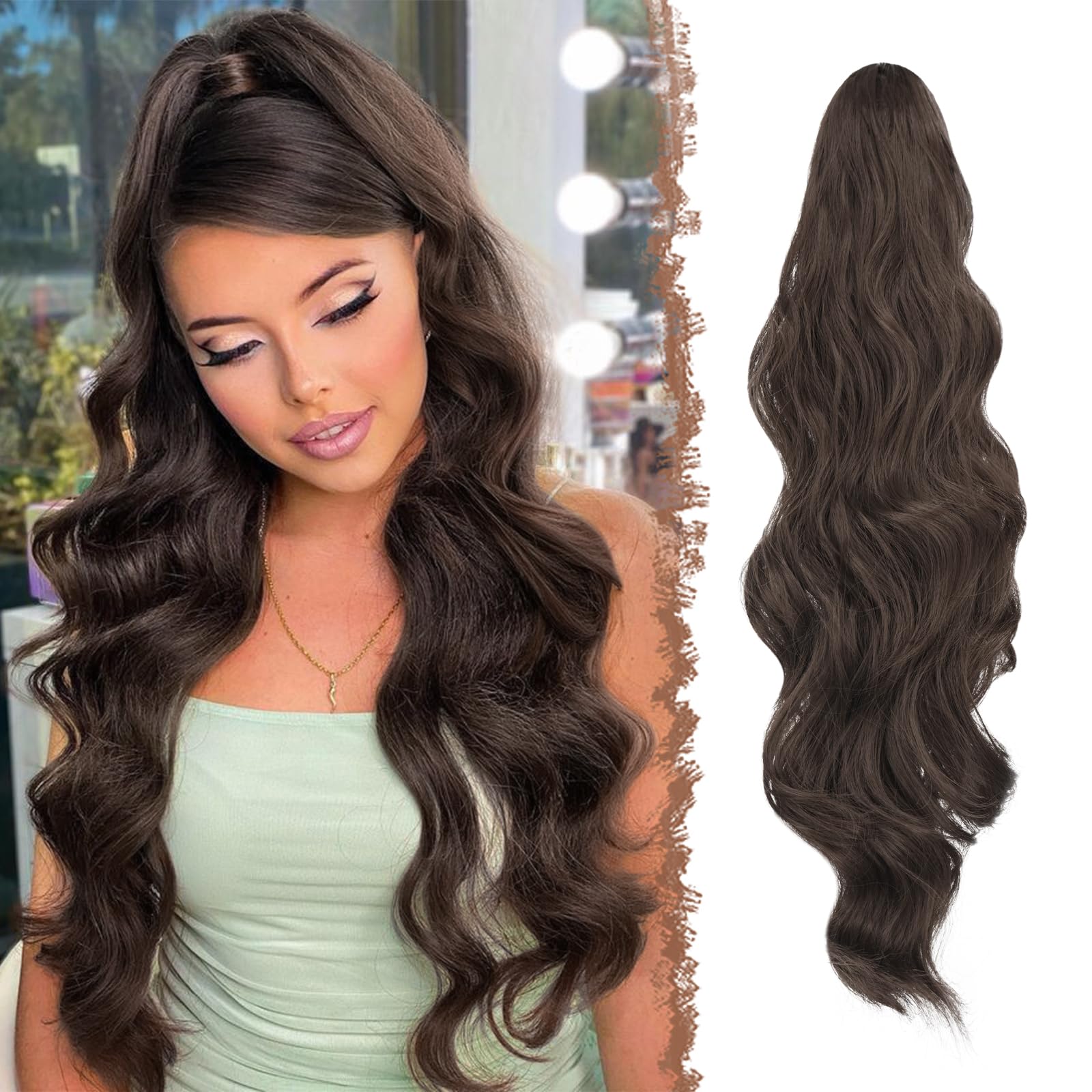 FESHFEN Long Ponytail Extension Curly Wavy Clip in Synthetic Hairpieces Drawstring Ponytail Pony Tail Hairpiece Hair Pony Extension for Women Girls, 24 inch Medium Chestnut Brown