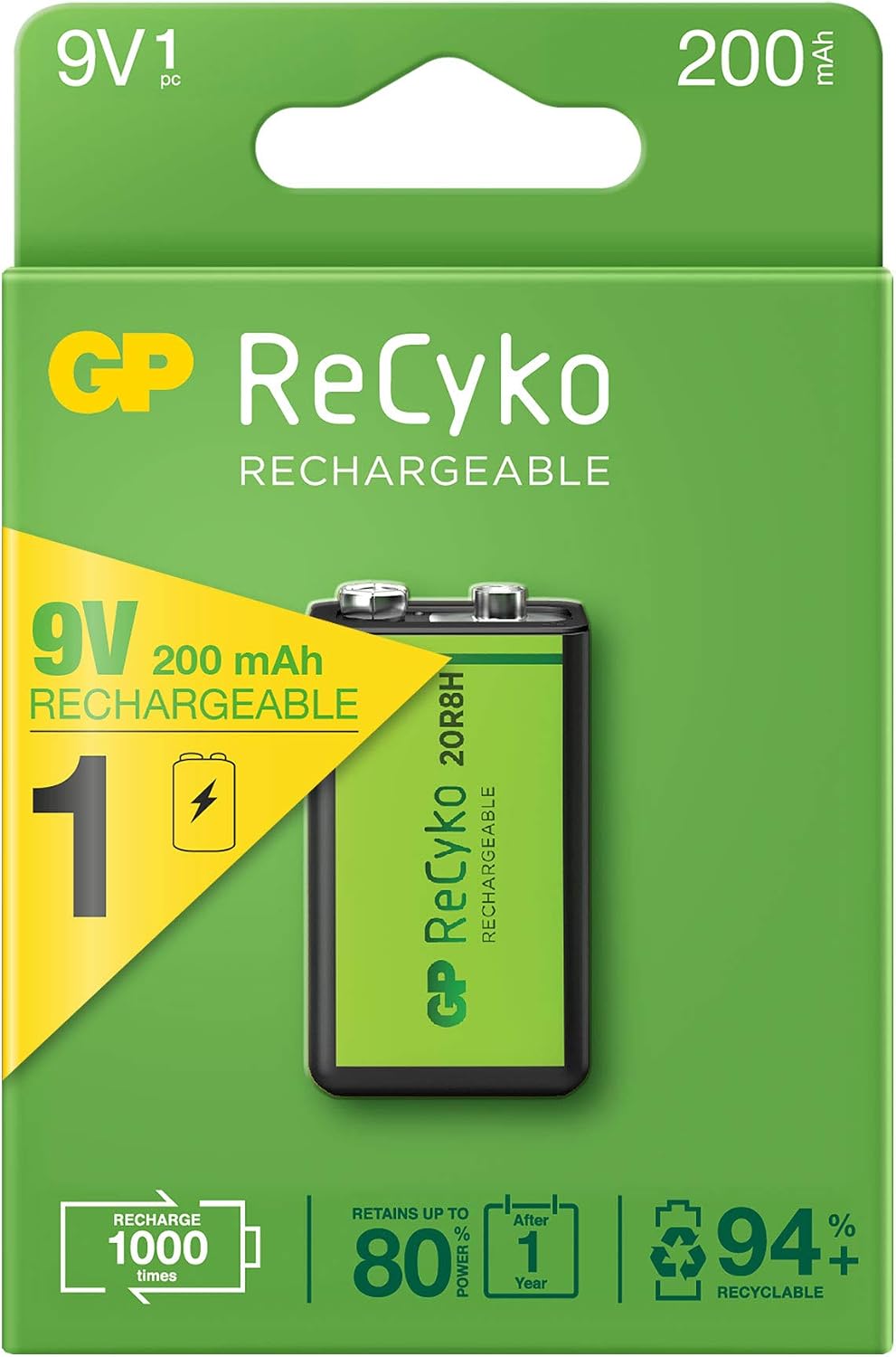 RECYKO 6LR61 9V 200MAH 1UND Rechargeable Battery, white