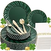 YOUBET 150PCS Emerald Green Plastic Plates - Green and Gold Disposable Dinnerware Include 50 Plates, 25 Knives, 25 Forks, 25 Spoons, 25 Napkins Ideal for Party & Wedding
