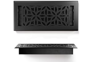 GREATER GRATES Floor Register 4x10 Vent Cover – Heavy-Duty Steel, Rustproof & Walkable Grates, Easy Drop-in Install, Adjustable Air Supply Switch - Decorative Floral Design, Textured Black