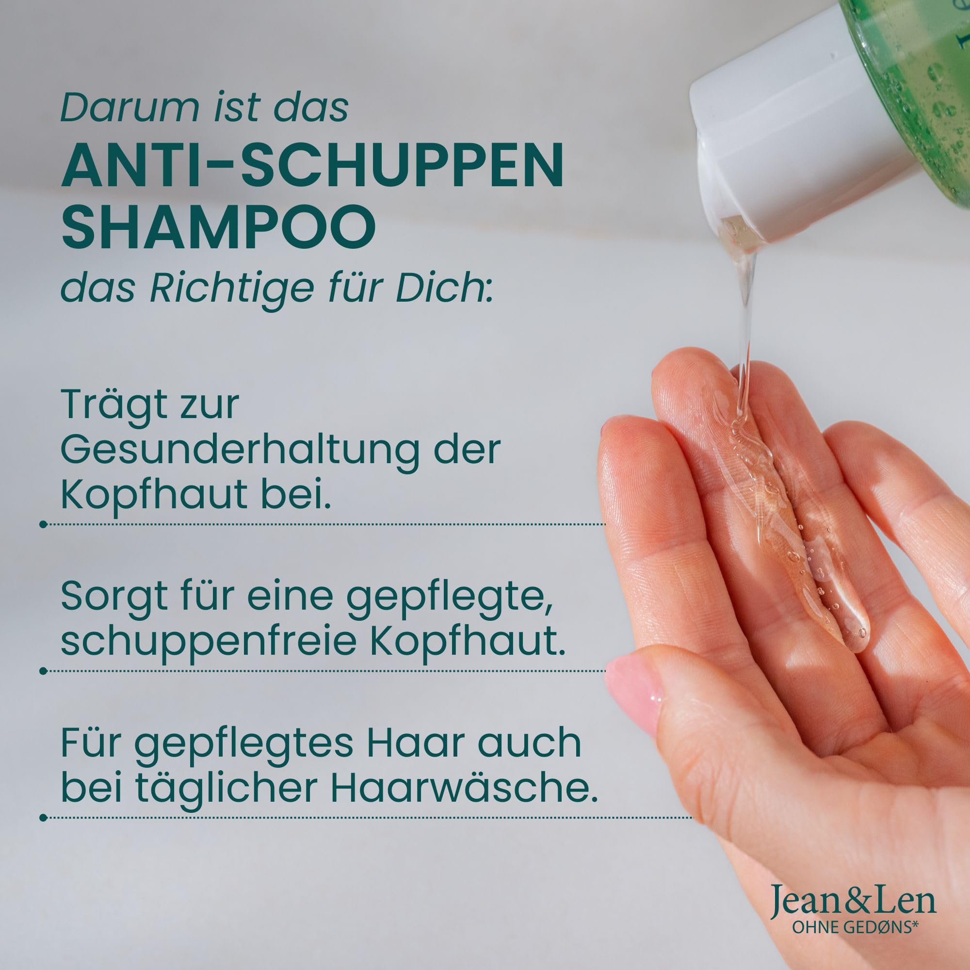 Jean & Len Anti-Schuppen Shampoo Thymian & Minze, vegane Pflegeformel, mit Piroctone Olamine, gegen Schuppen, für die tägliche Haarwäsche geeignet, ohne Parabene & Silikone, vegan, 300 ml 4