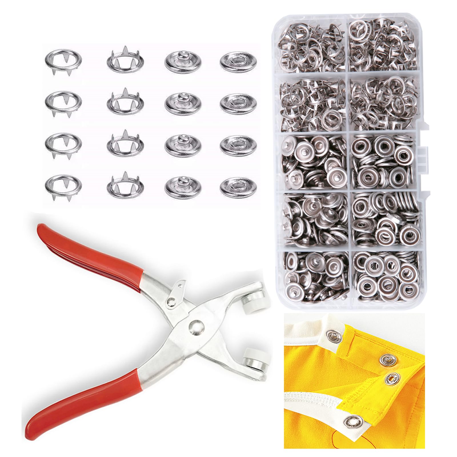 Photo 1 of GTAAOY 100 Sets Metal Snaps Buttons with Fastener Pliers Press Tool Kit Perfect for DIY Crafts Clothes Hats and Sewing, Snap Button Fasteners Kit for Clothing Sewing (9.5mm / 400 PCS)