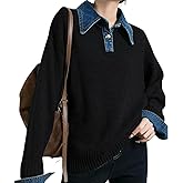 Womens Oversized Pullover Sweaters Long Sleeve Denim Panel Lapel Buttoned Loose V Neck Knit Sweater Tops
