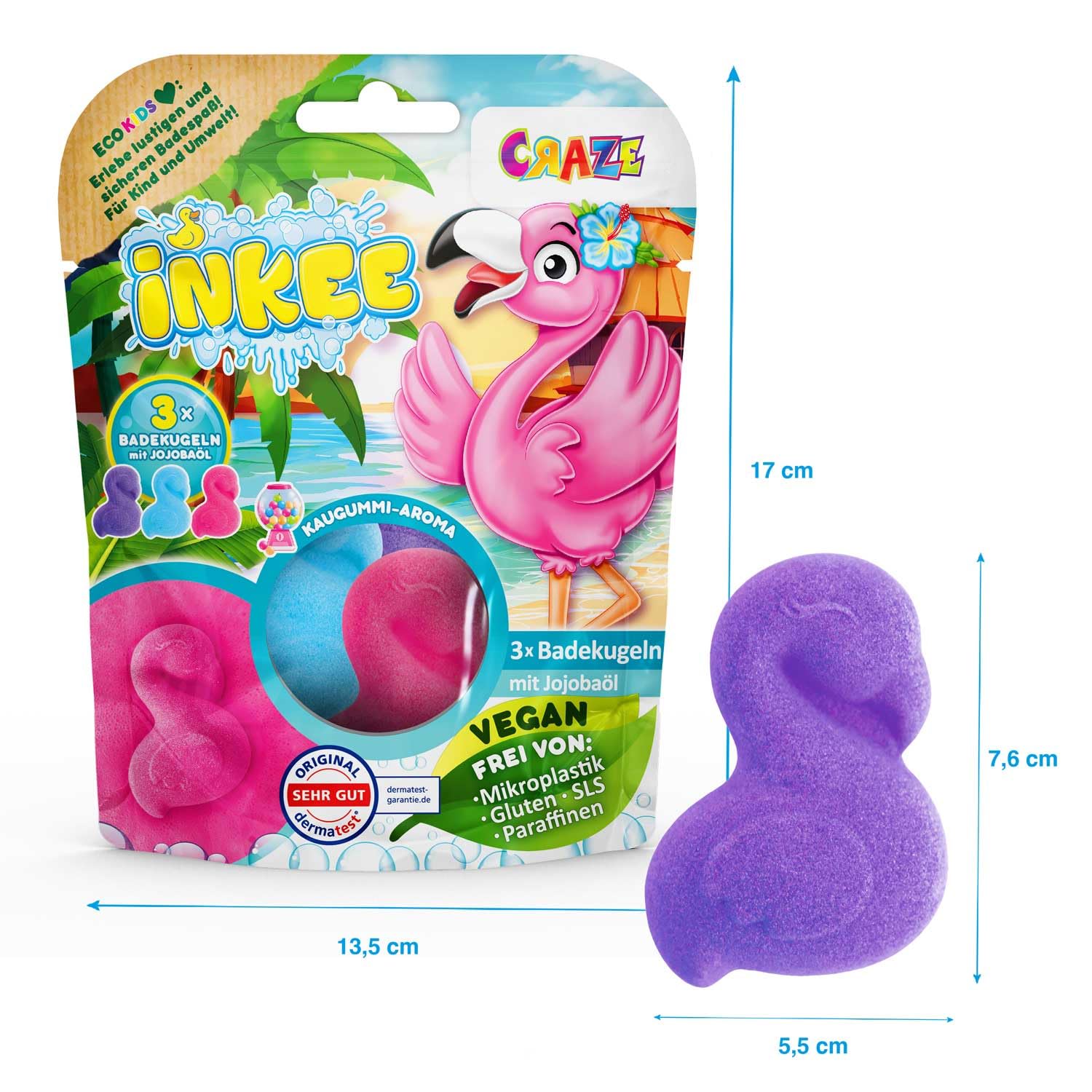 INKEE FLAMINGO Badebomben Kinder 15er Pack - 15x 15g Badekugeln - Spaßige Farben, Jojobaöl & Kaugummi-Aroma - Badespaß Kinder 7