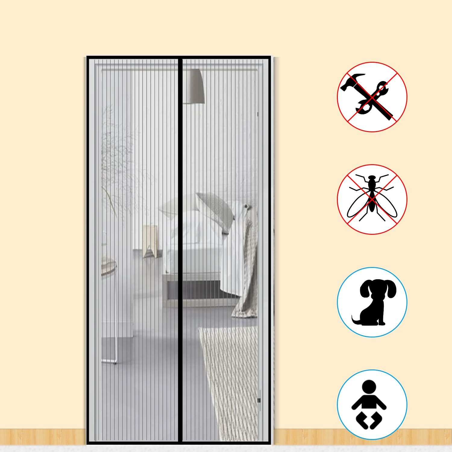 Zalava Fly Screen Door, Magnetic Insect Door Screen, Mesh Curtain for Patio Balcony Living Room, Easy to Install, Without Drilling (110x220 cm, Black)