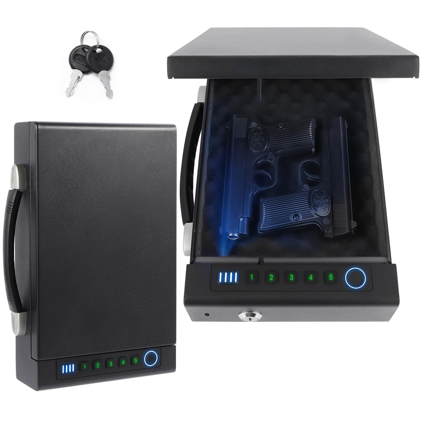 Photo 1 of Biometric Fingerprint Gun Safe for Handgun, 3 Quick Access Methods, with Fingerprint/Digital PIN/key, suitable for bedside cabinets, wardrobes, and handgun safes in cars