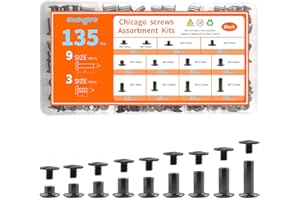ALLOYPRO 135 Sets Black Chicago Screws Leather Rivets Kit, 9 Sizes (M5*4,5,6,7,8,9,10,12,15) & 3 Screw Lengths (M4*3,4,5) Chicago Binding Screws, for Leather Craft, Bookbinding