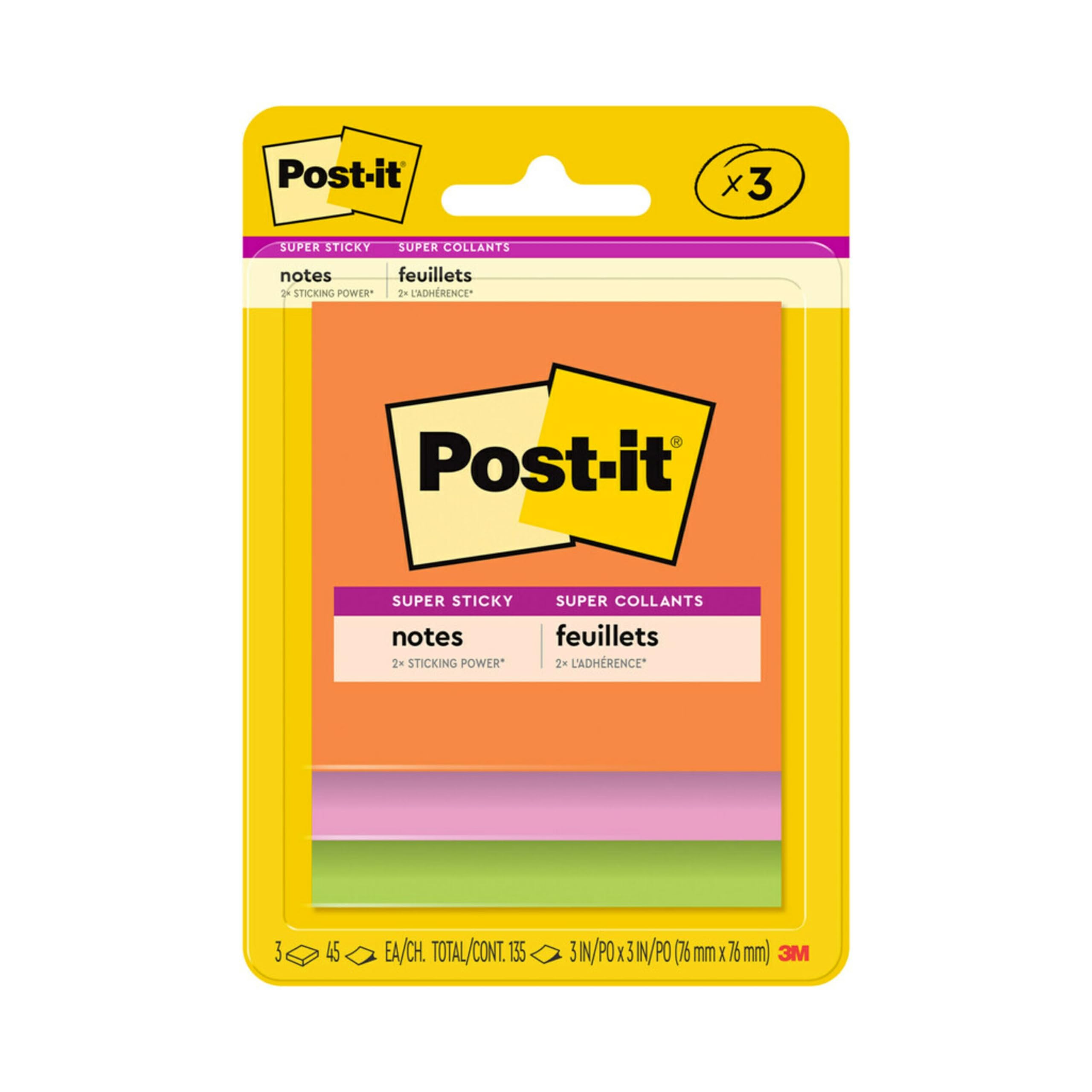 Post-it Super Sticky Notes, 3 x 3 in, Neon Fizz, 3 Pads, 45 Sheets/Pad