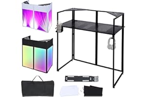 ANGELBECKE Portable DJ Booth Facade. DJ table. Foldable DJ Facade Station for DJ Controller, Mixer & Laptop Events & Parties – Includes Carry Bag & Hook & Cup Holder (41.3"L x 20.4"W x 43.3"H)