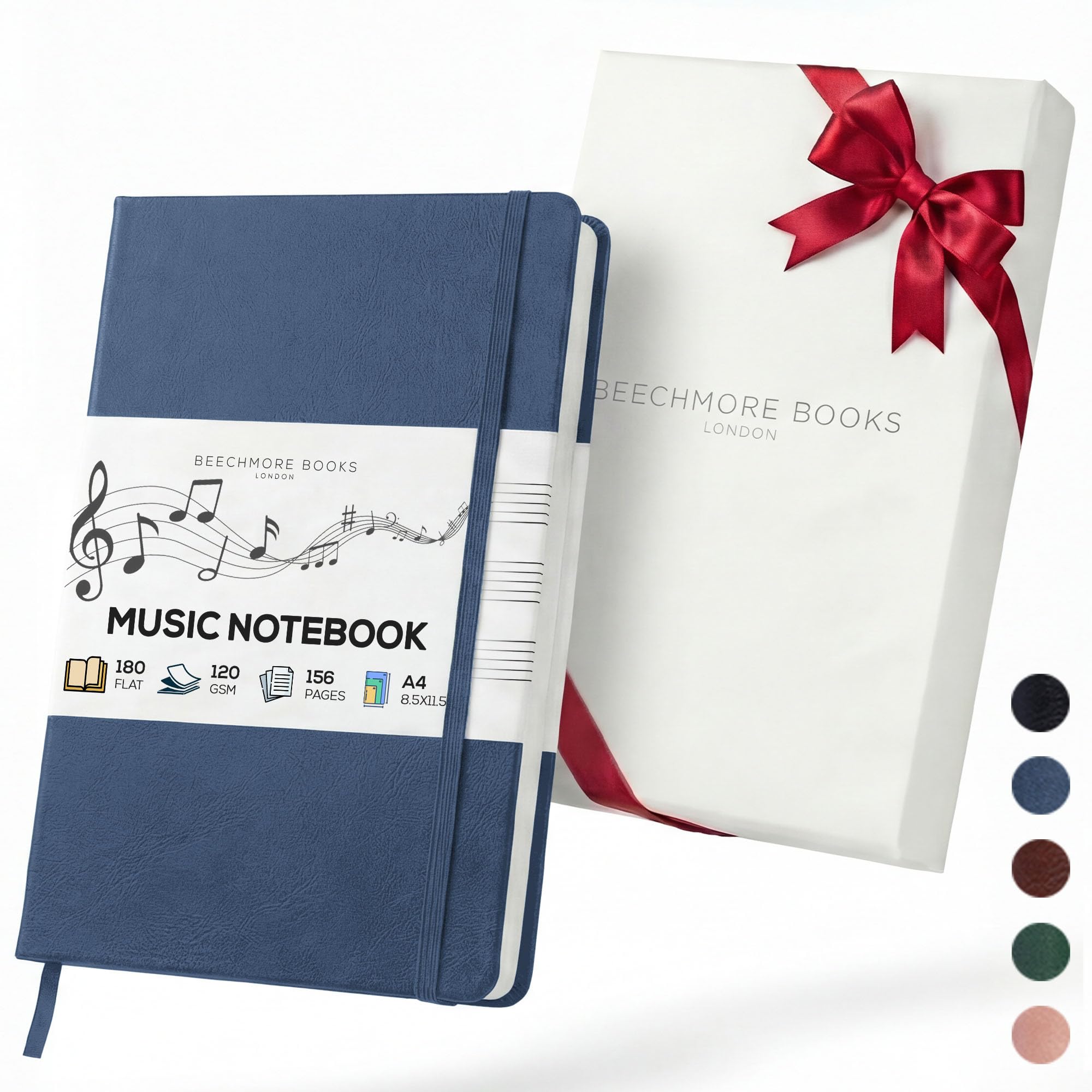 Beechmore Books Blank Sheet Music Notebook – A4 8.5x11.5 for Songwriters, Musicians & Composers, 156 Thick 120gsm Pages, 10-Staff Perforated Sheets, Vegan Leather Hardcover, Elastic Closure, Gift Box — image 1