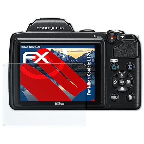 atFoliX Schutzfolie kompatibel mit Nikon Coolpix L120 Panzerfolie, ultraklare und stoßdämpfende FX Folie (3X)