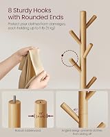 VASAGLE Coat Rack Solid Wood Free Standing 8 Hooks Rubberwood Natural Beige view 4