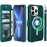VANAVAGY Compatible for iPhone 13 Pro Wallet Case for Magsafe Wireless Charging, PU Leather Flip Folio Phone Case with Wrist Strap RFID Blocking Card Holder Screen Protector,Midnight Green