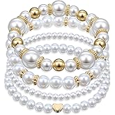 Xosjska Pearl Bracelets for Women, 4 PCS Chunky Simulated Pearl Bracelet Stack, Stackable Stretch Bracelets Multilayered Beaded Ball Pearls Bangles Pearls Accessories for Women Bridal Wedding Jewelry