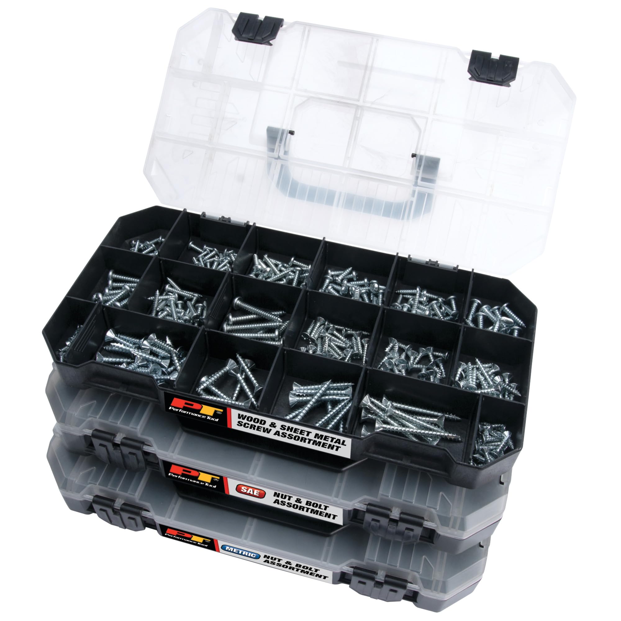 Performance Tool W5263 1080pc Hardware Assortment Kit with SEA & Metric Nuts, Bolts & Washers, Stacking Interlocking Clear Lid Bins for Maximum Portability — image 1