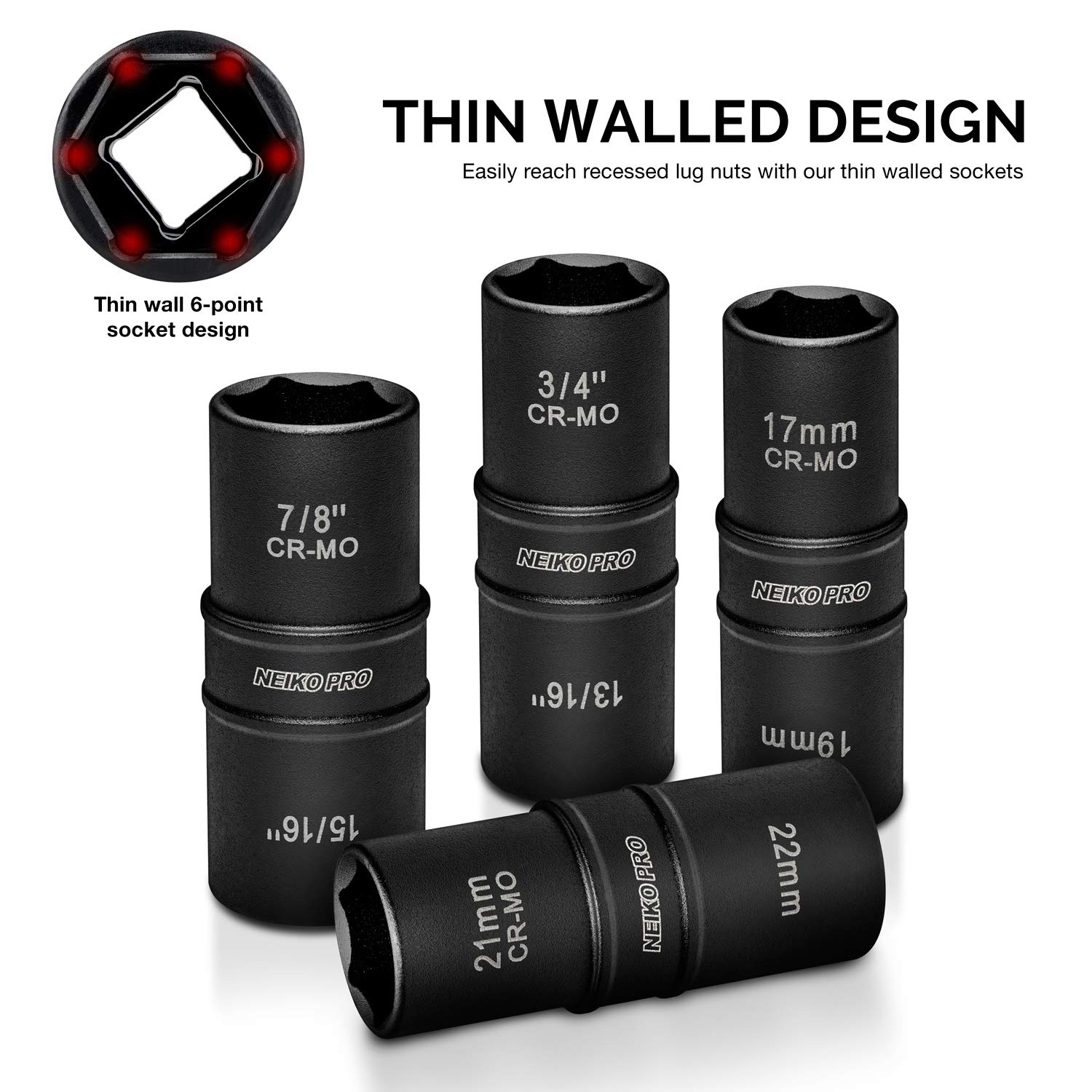 Neiko 02282B Drive Thin Wall Flip Impact Socket Set (5 Piece), 1/2