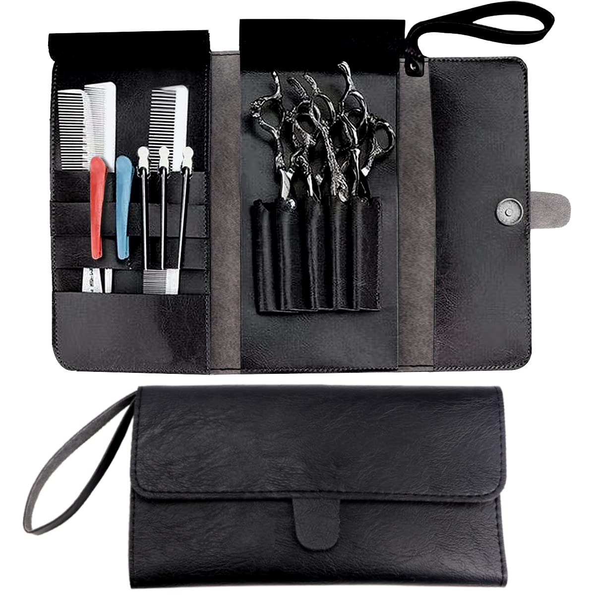 Photo 1 of FERCAISH Salon Scissors Storage Bag, Black Leather Scissors Holder Pouch Cases - Multifunctional Clutch Bag Barber Salon Scissors Cases, Salon Tools Holster Bag for Stylist Barber Hairdressers