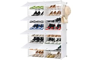 beehomay Shoe Rack，Shoe Organizer with Doors，32 Pair Plastic Shoe Storage Cabinet for Closet Hallway Bedroom Entryway (White, 2 by 8)