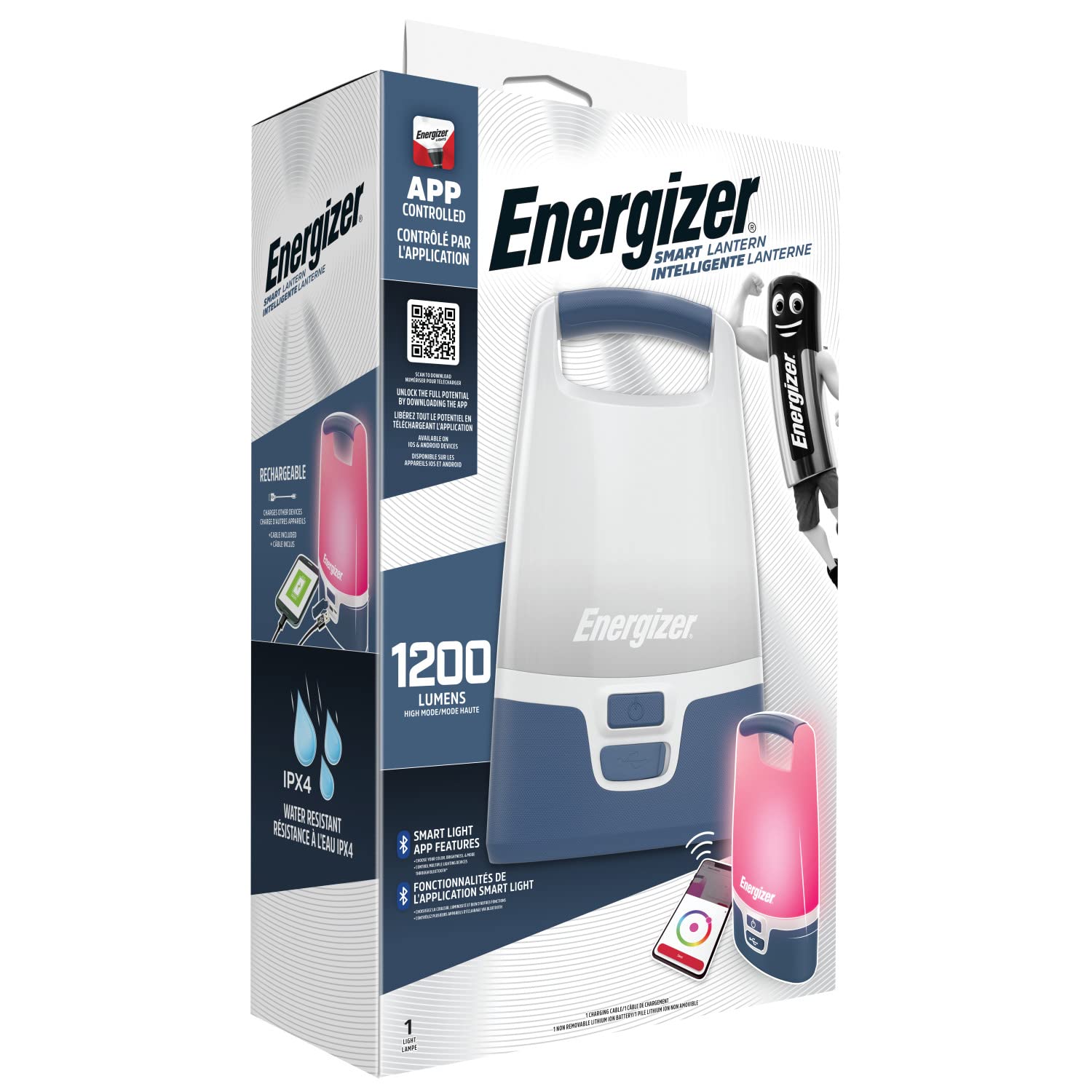 Energizer Smart Rechargeable Lantern, Camping Accessory, 1200 Lumens, IPX4 Water- Resistant, 360° Lighting, Charging Cable Included