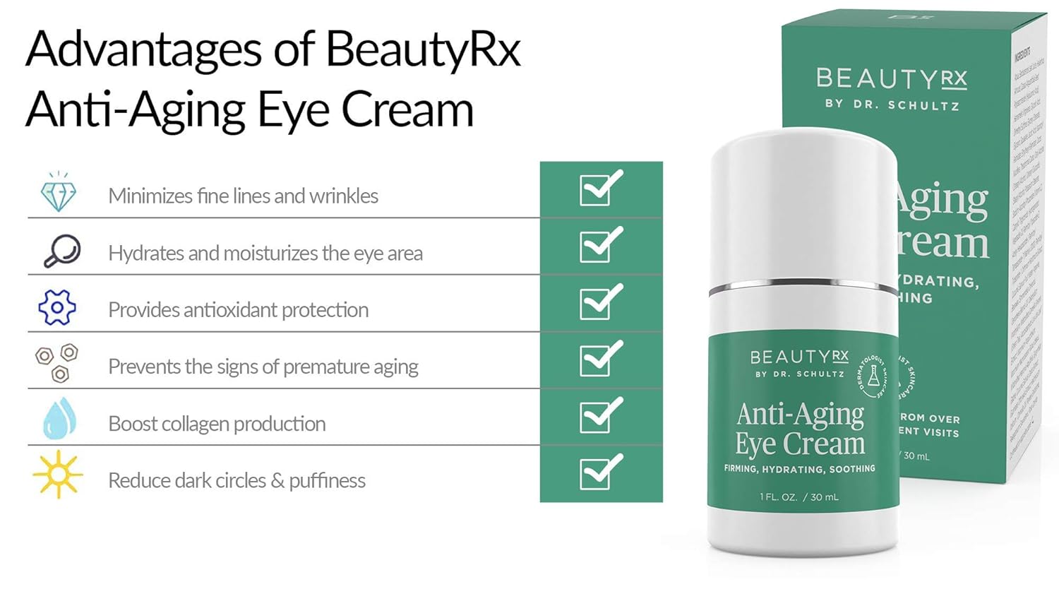 BeautyRx by Dr. Schultz Eye Cream for Dark Circles, Bags, Wrinkles & Puffiness. Best Firming Under & Around Eyes Anti-Aging & Moisturizing Treatment with Vitamin C, Hyaluronic Acid & Green Tea (1 oz): Premium Beauty