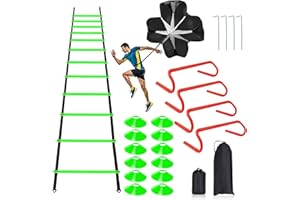RAINMAE Speed & Agility Ladder Training Equipment Set, Includes 12 Rung 20ft Agility Ladder, 4 Agility Hurdles,12 Disc Cones, 1 Resistance Parachute for Training Football Soccer Basketball Athletes