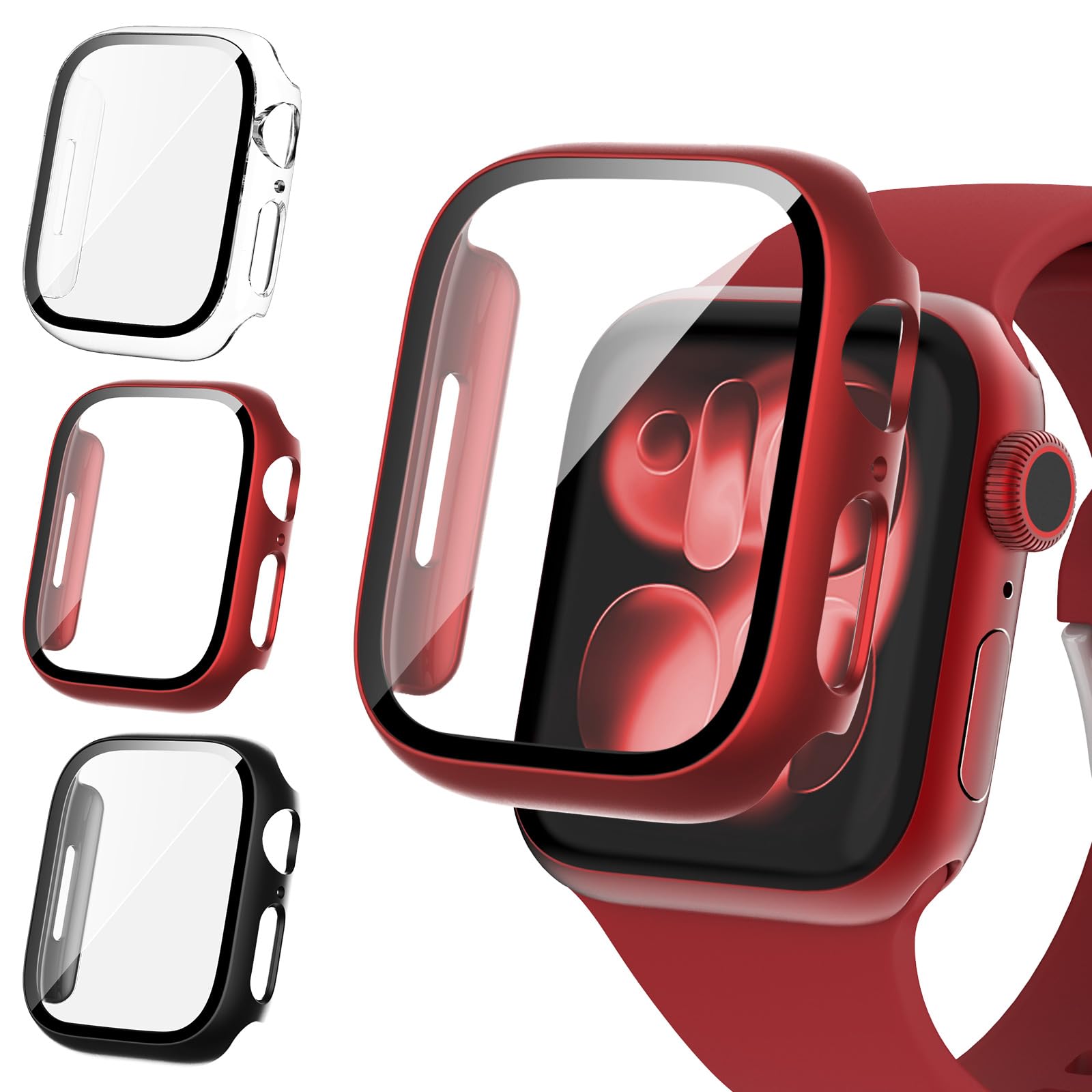 Fullife 3 Pack Screen Protector 41mm Compatible for Apple Watch Series 9/8/7 with 9H Tempered Glass,Overall Shockproof Cover Protective Case for iWatch 41mm(Black/Red/Transparent) — image 1
