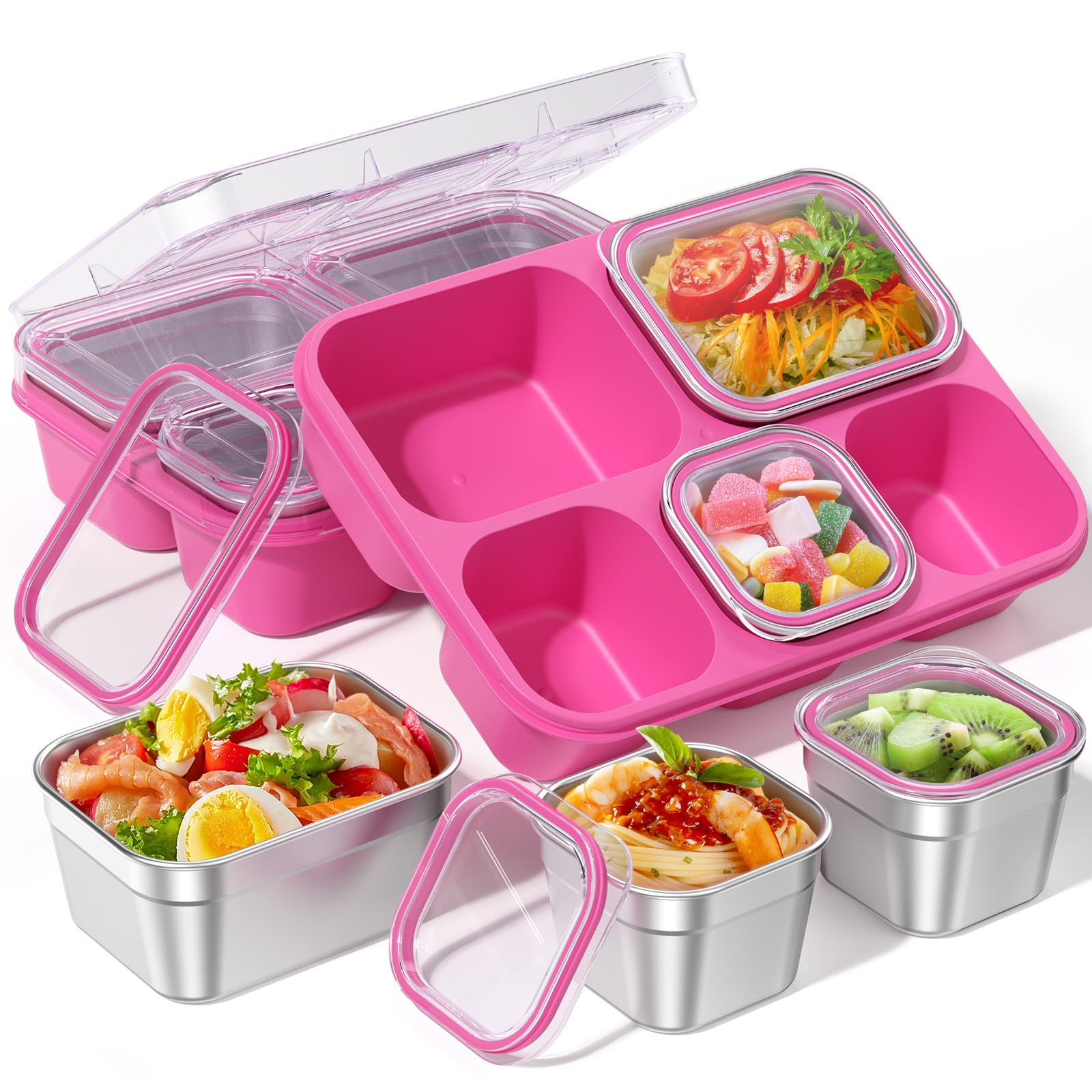 Photo 1 of Snackle Box Containers, Stainless Steel 5 Compartments Divided Serving Tray with Lid, Removable LeakProof Portable Bento Box for Fruit Candy Nuts Food - School, Picnic and Travel?Pink?