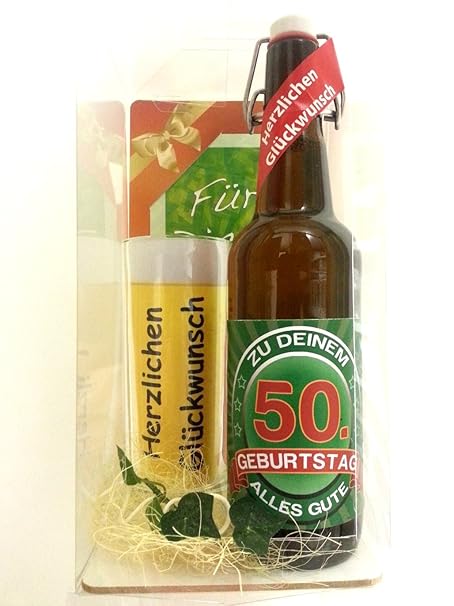 Geschenk Set, Bierset Bier Geschenk zum 50. Geburtstag, Bierflasche mit Etikett, Glas Bierkrug und Geschenk Postkarte