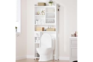 Cozivolife Over The Toilet Storage Cabinet with Acrylic Door Panel and Paper Towel Drawer, Bamboo Space Saver Shelf, Bathroom Organizer Rack Above WC (Without Power Strip, White)