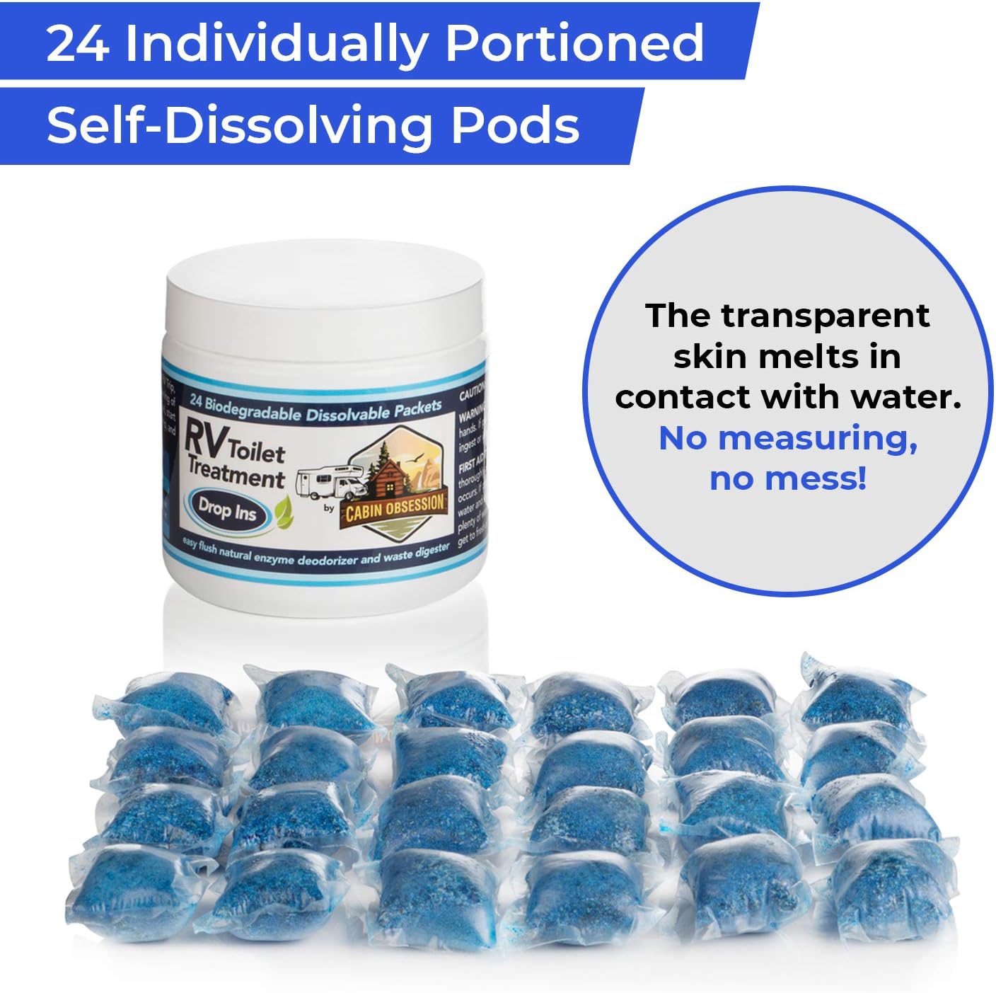 RV Toilet Treatment Drop Ins - 24 Easy Flush Self-Dissolving RV Black Tank Treatment Packets - Eliminate Odors and Break Down Waste Within Your RV Holding Tank: Health & Personal Care