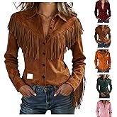 Women’s Western Cowgirl Suede Fringe Shirt Vintage Long Sleeve Button Down Slim Fit Top