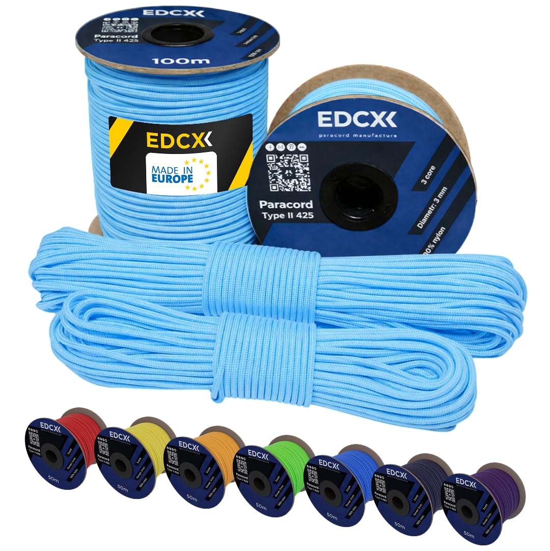 EdcX 3 mm Nylon Paracord 425 (15, 30, 50 and 100m) – 3 mm Type II, 100% Nylon Rope, 3 Strand Rope, 3 mm Nylon Rope in Many Colors (Skylight, 30 m)