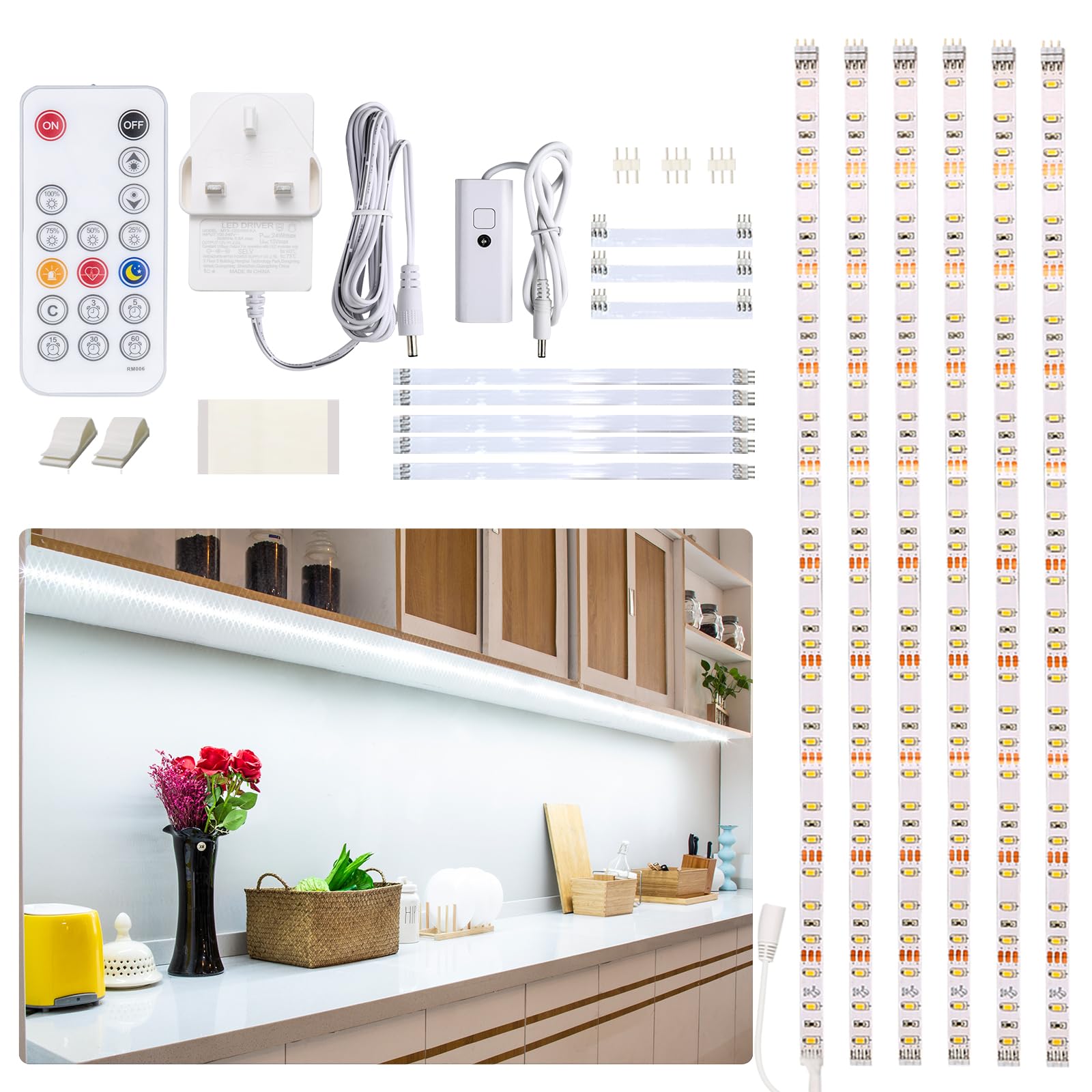 WOBANE Under Counter Light, Dimmable LED Under Cabinet Lighting, 6 PCS 50cm LED Strip Light Bars with Remote Control for Kitchen,Shelf,Pantry,Showcase,Desk,Cupboard 6000K White, Timing, 16W 1500LM