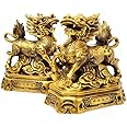 BOYULL Feng Shui Set of Two Golden Brass Chi Lin/Kylin Wealth Prosperity Statue + Set of 10 Lucky Charm Ancient Coins on Red String, Home Decoration Attract Wealth and Good Luck