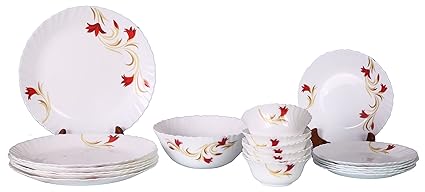 Larah By Borosil Red Lily Opalware Glass Dinner Set, 19-Pieces, White