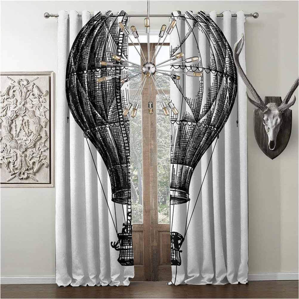 hengshu Blackout Shades for Window Sketchy, Black-Out Shades Curtain, Big Hot Air Balloon in The Sky Vintage Style Travel and Transportation Theme Art, W108 x L108 Inch Black White, Grommets valances