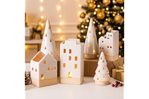 Beeveer 6 Pcs Christmas Ceramic Buildings Decoration, 4.4" to 9.4" White Christmas Tree & Houses Tealight Candle Holders Centerpiece Set for Winter Holiday Village Tabletop Mantel