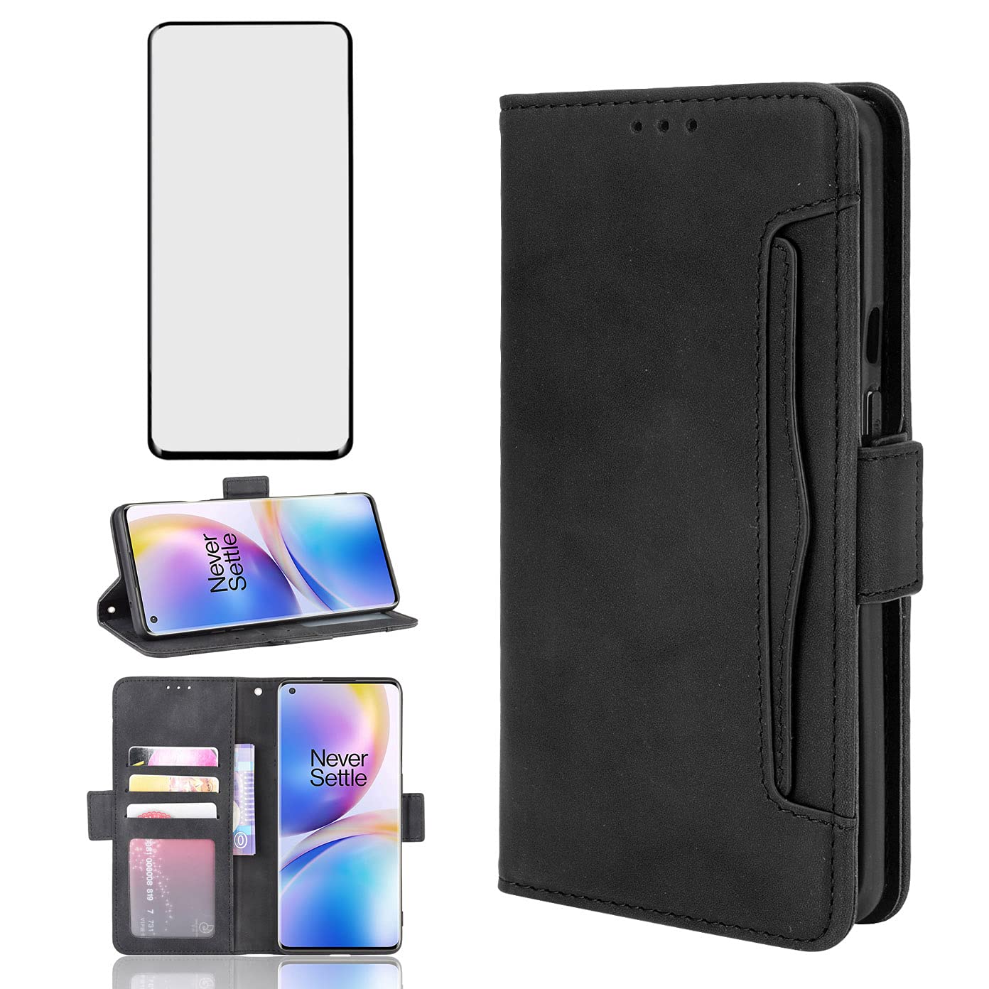 Phone Case for OnePlus 9 Pro One Plus 9Pro 5G Wallet With Tempered Glass Screen Protector Card Holder Slot Stand Kickstand Leather Cell Accessories On 1Plus 1 + Plus9 1+ Pro Nine Women Men Black