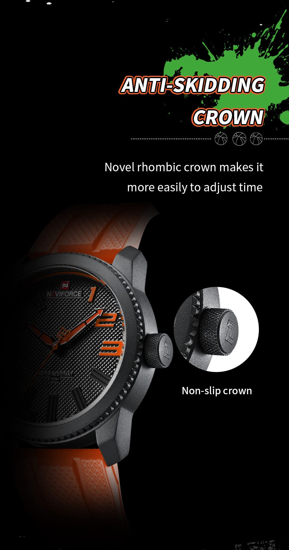 NANVIFORCE Fashion Watch with Silicone Strap Top Brand Luxury Men Watches Sport Waterproof Quartz Watches for Men, Orange, English