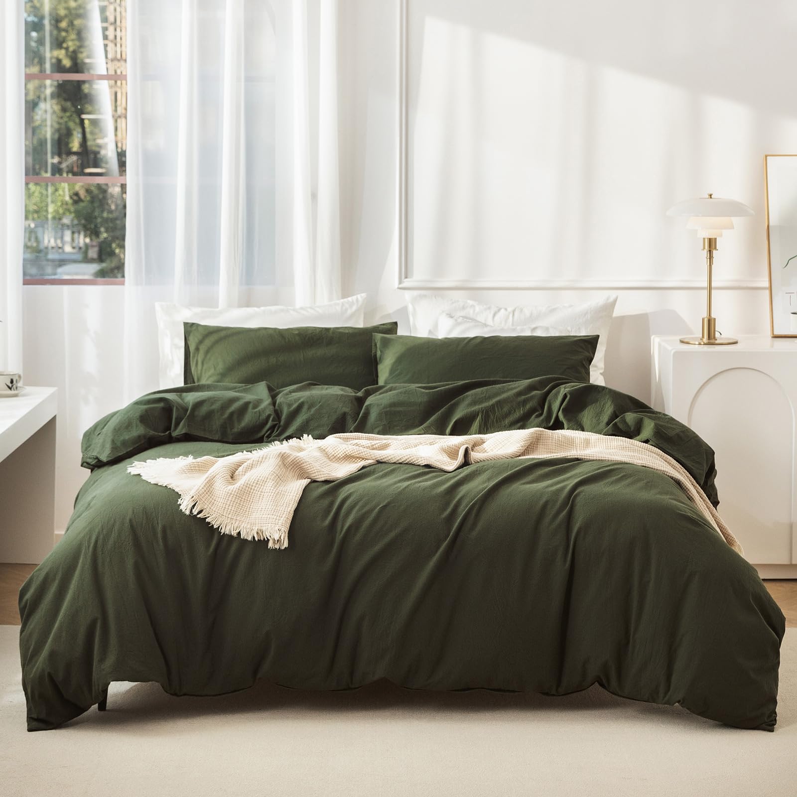 Photo 1 of JIYUAN 100% Washed Cotton Duvet Cover Set Comfy Simple Style Soft Breathable Textured Durable Linen Feel Bedding for All Seasons Full, Olive Green