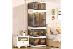 Azaeahom Storage Cabinet, Stackable & Foldable Bedroom Wardrobe with Detachable Partition & Hanging Rod, Bathroom Cabinet, Pantry Cabinet, Larger Capacity