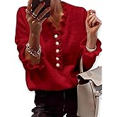 ZAFUL Womens Long Sleeve V Neck Sweater Pearl Button Ruffle Trim Knitted Elegant and Comfortable Pullover Tops