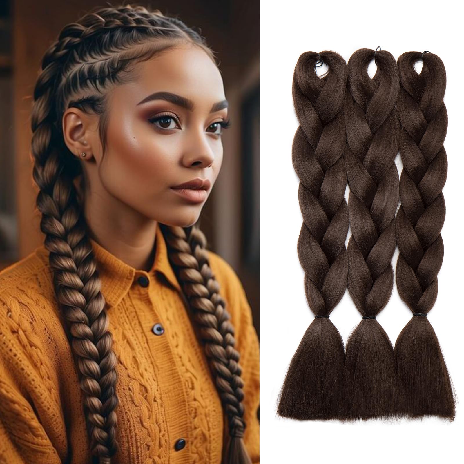 Silk-co 3 Pieces Braiding Hair Ombre Afro Twist Braid Hair Extensions Crochet Box Synthetic Jumbo Braids 24inch [300g-Medium Brown] — image 1