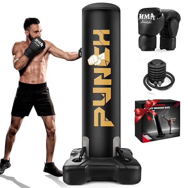 HEAVY BOXING BAG WITH STAND FOR ADULT TEENS, FREESTANDING INFLATABLE PUNCHING BAG WITH GLOVES, MEN WOMEN STAND KICKBOXING BOXING SET FOR MARTIAL ARTS MMA HOME GYM EXERCISE TRAINING EQUIPMENT
