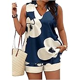 SOLY HUX Women's Plus Size 2 Piece Outfits Floral Print Notch V Neck Tank Top and Shorts Set